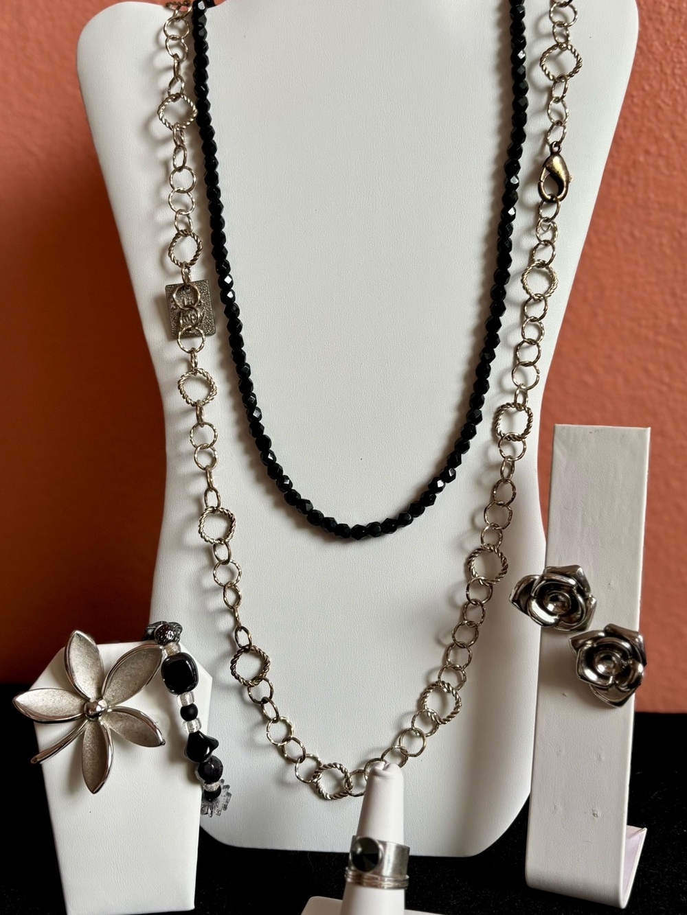 Black & Silver Jewelry Lot 2 Necklaces Bracelet Brooch Earrings Rings